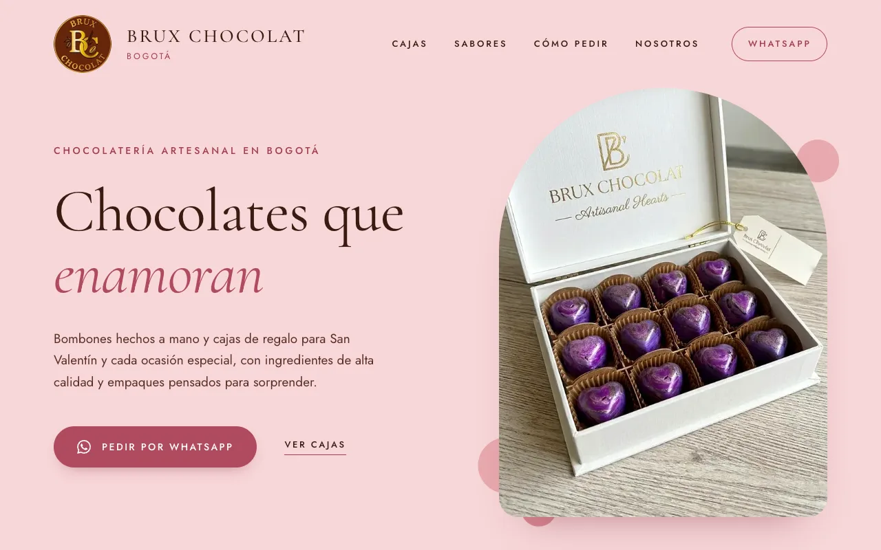 Página web de Brux Chocolat, Chocolatería artesanal · Bogotá, diseñada por Sin Página