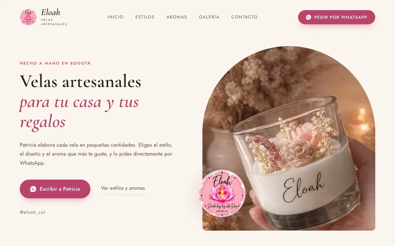 Página web de Eloah, Velas artesanales · Bogotá, diseñada por Sin Página