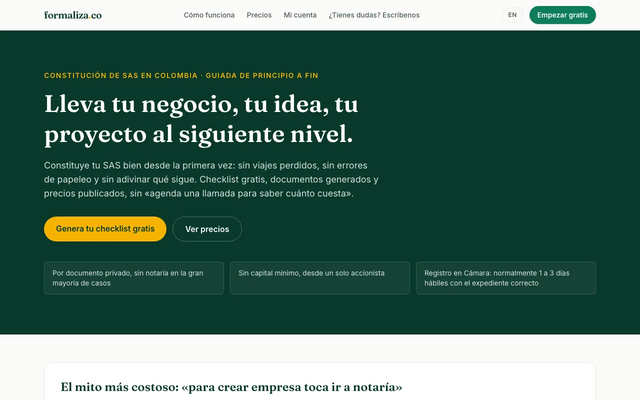 Página web de Formaliza, Servicios empresariales · Medellín, diseñada por Sin Página