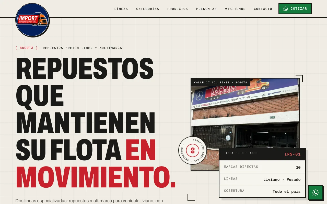 Página web de Import Repuestos Service, Repuestos automotrices · Bogotá, diseñada por Sin Página