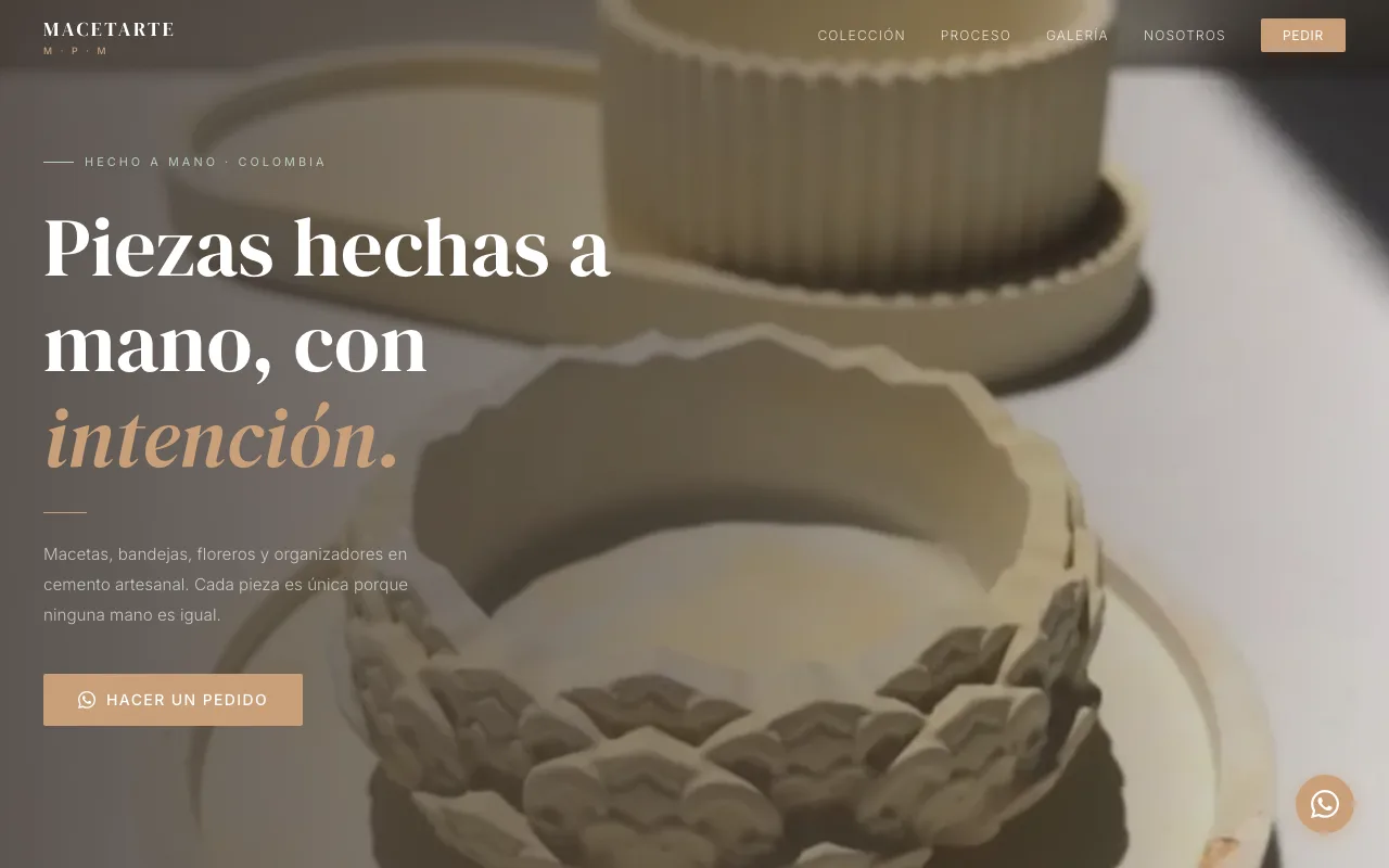 Página web de Macetarte M·P·M, Cemento artesanal · Turbaco, Bolívar, diseñada por Sin Página