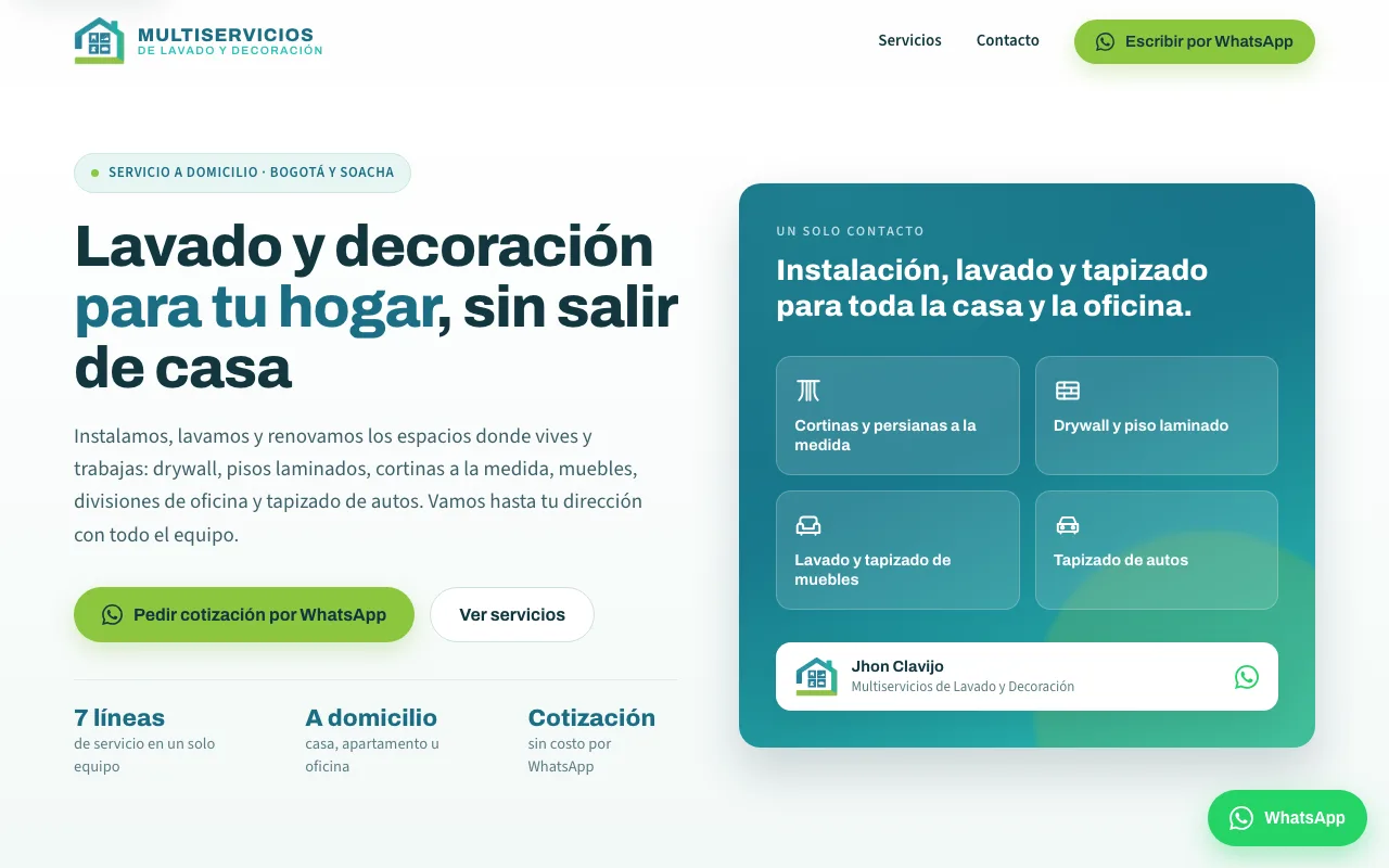 Página web de Multiservicios de Lavado y Decoración, Lavado y decoración a domicilio · Bogotá y Soacha, diseñada por Sin Página