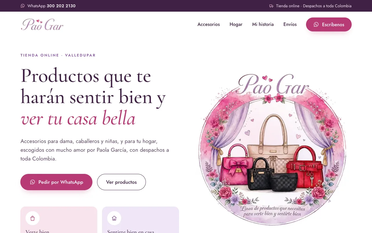 Página web de Pao Gar, Accesorios y hogar · Valledupar, diseñada por Sin Página