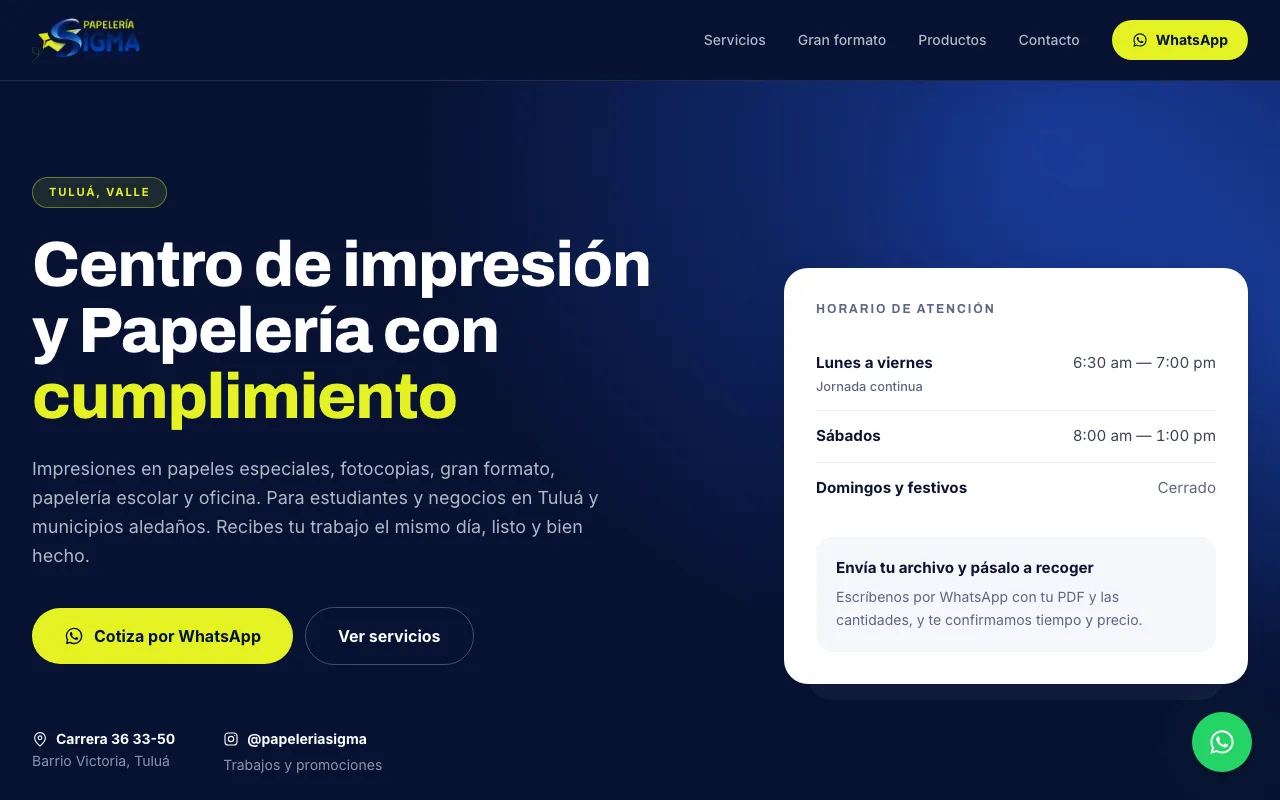 Página web de Papelería Sigma, Papelería e impresión · Tuluá, Valle del Cauca, diseñada por Sin Página